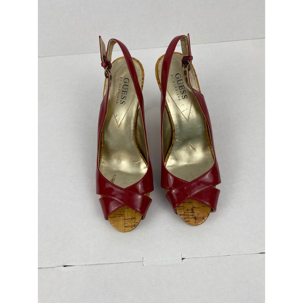 Guess by Marciano Red Patent Leather Cork Platform Slingback Heels 7.5M
